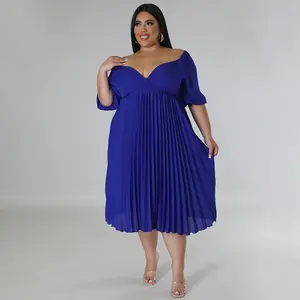 Women's V-neck hem pleated short-sleeved large-size dress