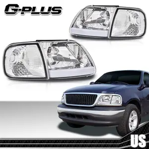 Fit For 1997-2004 Ford F150 Chrome/Clear LED Strip Headlights Headlamps LH+RH