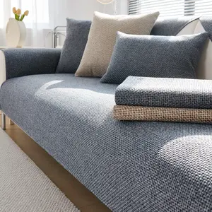 1Pc Linen-Look Basket Weave Sofa Slipcover/Couch Cover, Anti-Slip & Machine Washable Furniture Protector, Pet Hair & Scratch Resistant, Thick Breathable Pad, Universal Fit for 2/3/4-Seater & L-Shaped Sectional, Sofa Couch Covers (Blue/Beige)