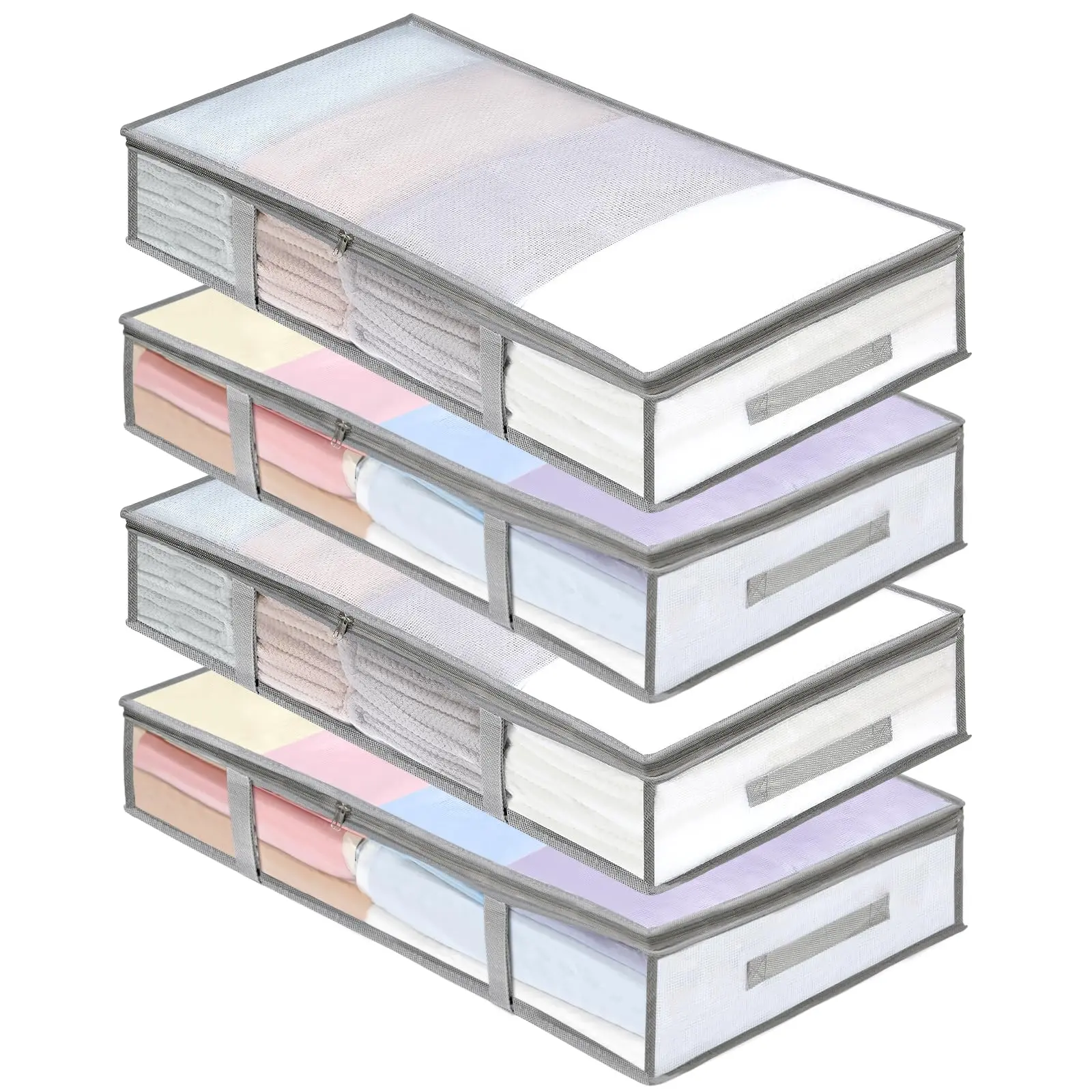 4 Packs Under Bed Storage Containers Bins, Humid-Proof Plastic Underbed Storage Bins, Closet Organizers and Clothes Storage Bags, Under the Bed Blanket Storage with Handles for Clothes,Bedroom