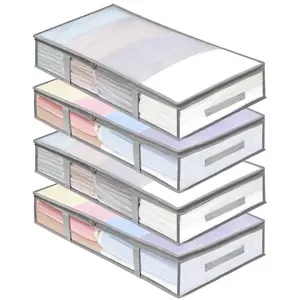 4 Packs Under Bed Storage Containers Bins, Humid-Proof Plastic Underbed Storage Bins, Closet Organizers and Clothes Storage Bags, Under the Bed Blanket Storage with Handles for Clothes,Bedroom