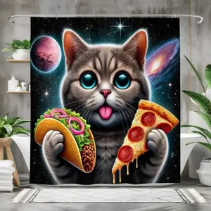 Funny Galaxy Cat Taco Pizza Removable Shower Curtain, Adorable Cosmic Space Bathroom Decor, Unique Animal Art Including Hooks
