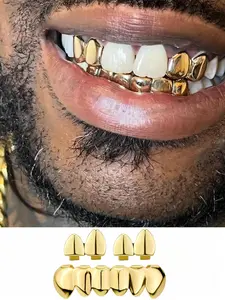 3Pcs Men's Top & Bottom Tooth Set, Hip-Hop Fashion Jewelry, Polished Design, Polished Surface, 14k Gold Plated Copper Material, Men's Teeth Grill Accessories