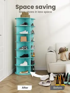 7 Tier Rotating Shoe Rack Tower 28 Shelves, 360° Spinning Display Lazy Susan Organizer, Carousel for Hats & Handbags, Easy Assembly, Blue