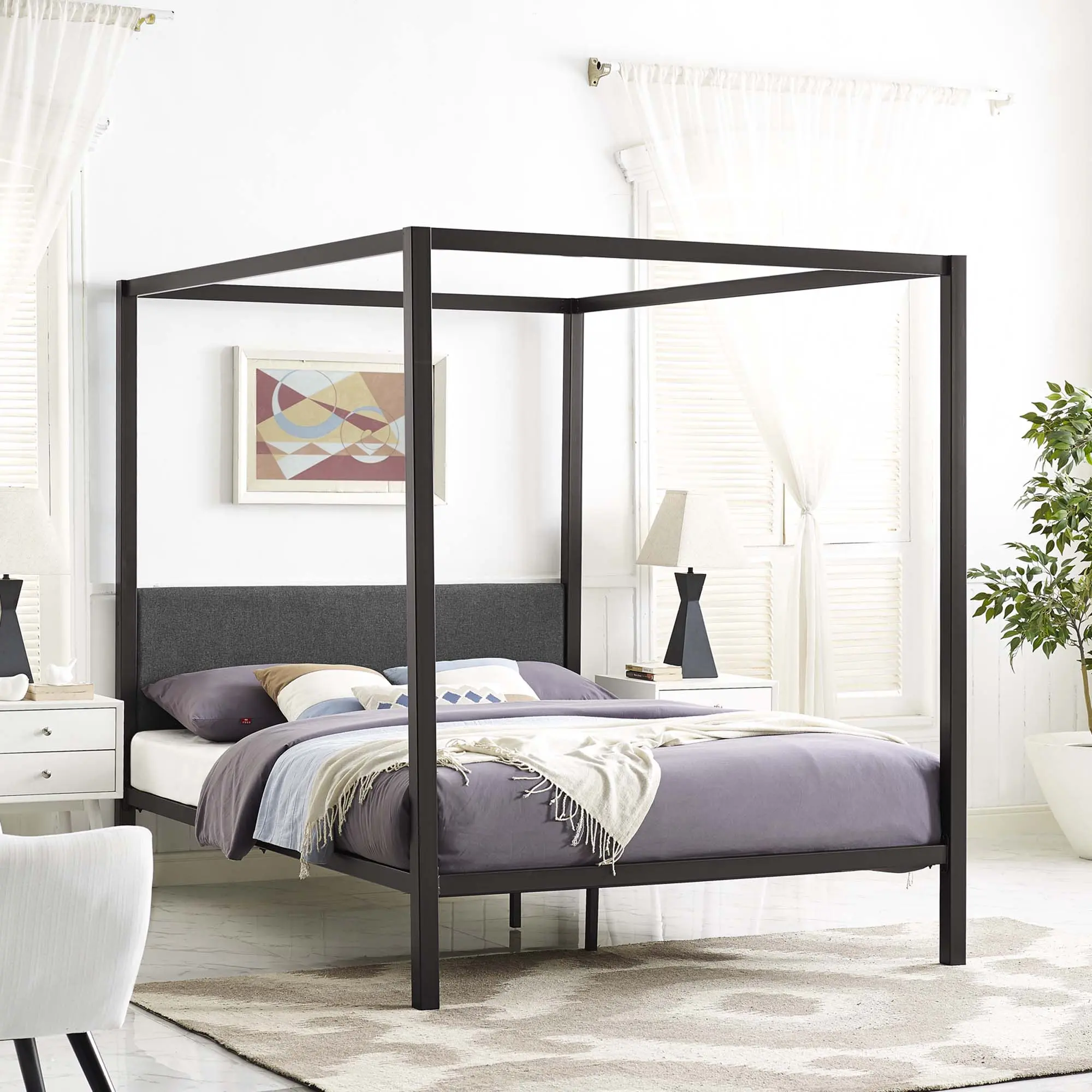 Modway Raina Queen Canopy Modern Platform Bed Frame, Brown Gray