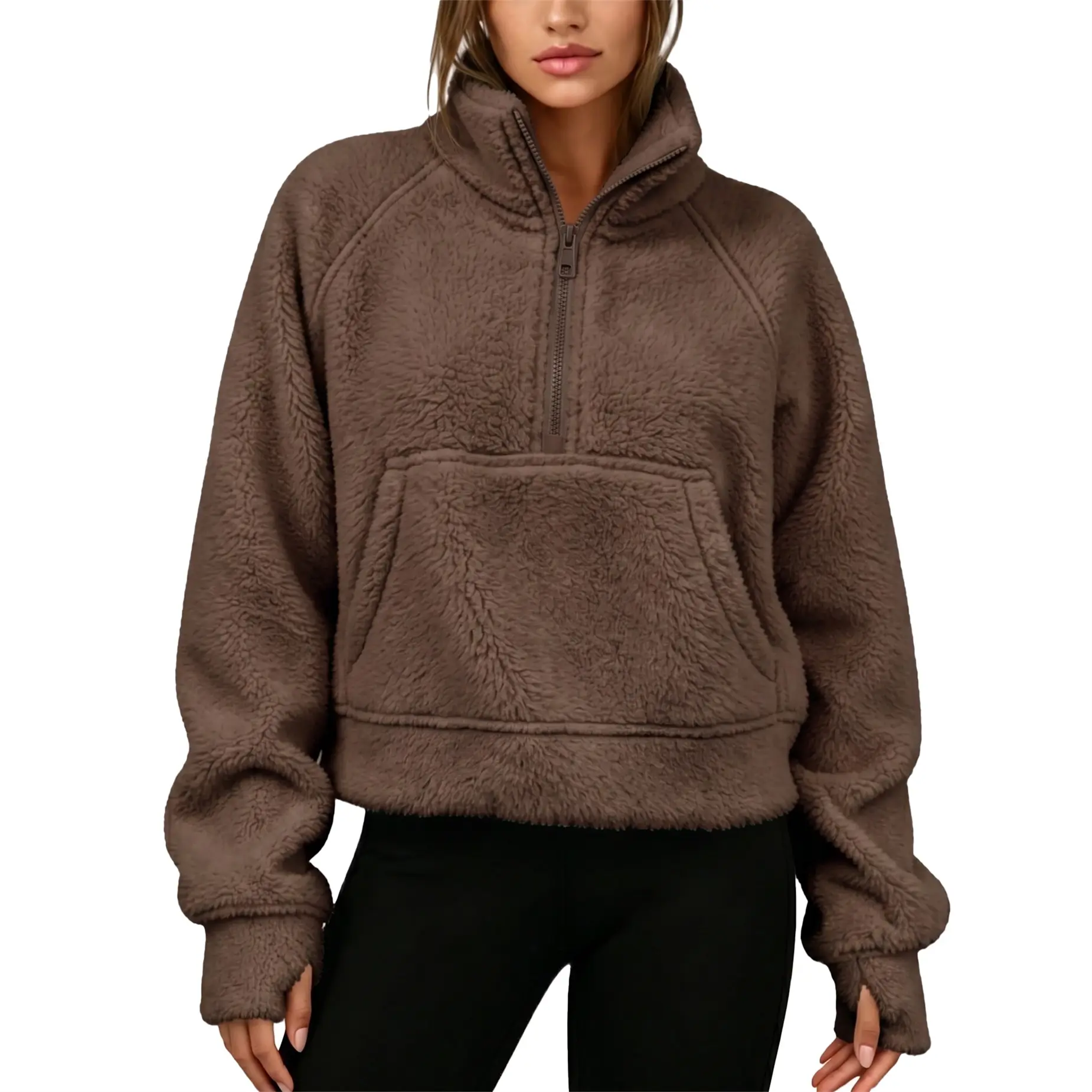 Hixiaohe Women's Half Zip Sherpa Fleece Pullover - Baggy Cropped Loungewear Top with Funnel Neck and Kangaroo Pocket, Tops, Workwear, Long Sleeve, High Waist, Bag, Cuffed, Casual