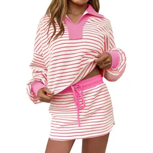 Women's 2-Piece Striped Long-Sleeve Sweatshirt & Skort Set - Soft, Breathable, Comfortable Fabric, Great Fit, Minimalist Style, 2026 Fashion, for Everyday Lounge & Workout