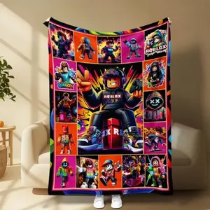 Roblox cartoon game fleece blanket, colorful design with fun characters, soft and skin-friendly, lightweight and warm, perfect for bedroom, sofa, office, travel or camping use, great birthday gift for kids and teens