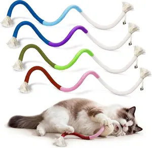 4 Pack Interactive Cat Chew Rope Toys - Durable Hand-Woven Cotton Teaser Sticks with Jingle Bells - Safe Teeth Cleaning & Teething Toys for Indoor Cats, Kittens, and Aggressive Chewers