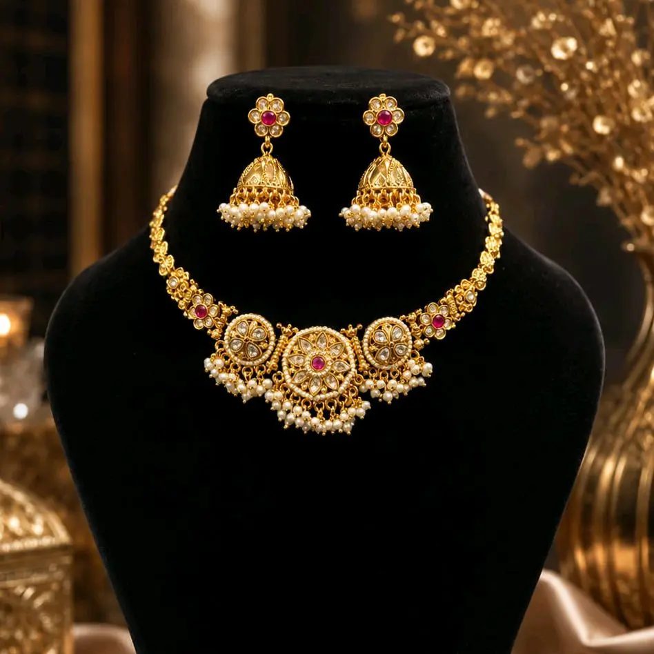2-Piece Gold-Plated Kundan-Style Jewelry Set, Elegant Necklace with Jhumka Earrings for Women