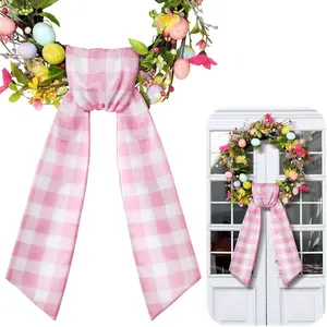 Wreath Sash for Front Door Wreath Satin Sash Blank Sashes Embroidery Monogram Yard Doorway Indoor Outdoor Wall Ribbon Bow Home Decor(Pink, White,Spring Buffalo Plaid)
