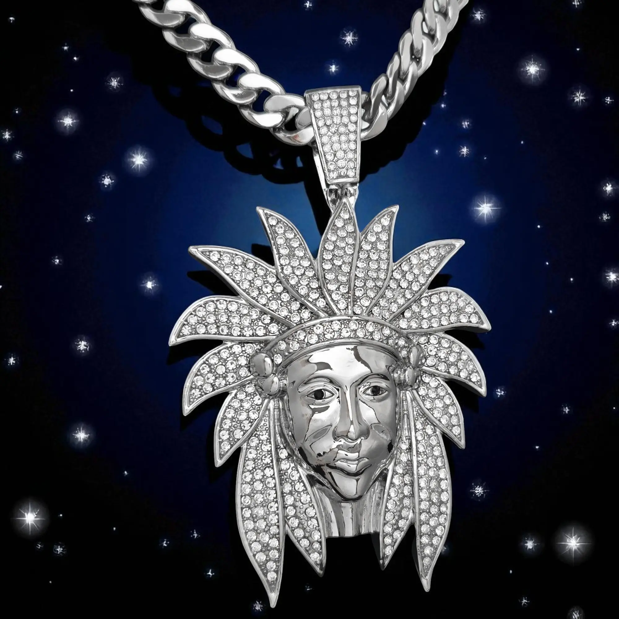 MaxBling81 Unisex Hip Hop Chief Motif Large CZ Pendant Chain Link Necklace, 10mm Cuban Chain with Multi-Size Lengths (18in, 20in, 24in, 30in Long) for Daily Wear, Chain Link Necklaces