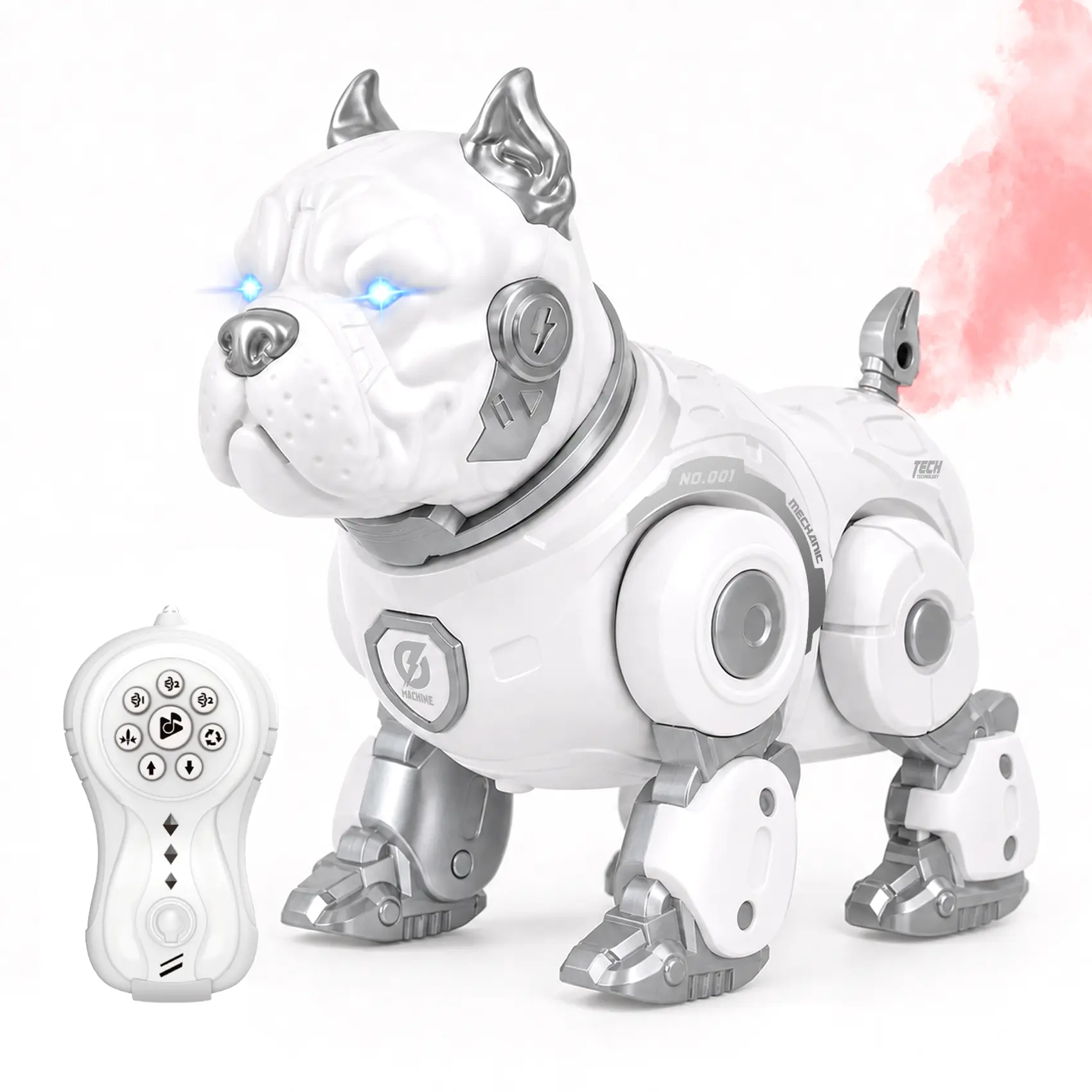 GAIETYDIY Remote Control Bulldog Robot Kids Toy - White ABS Plastic Compact Unisex Electronic Pet, Requires Batteries, Fart Spray, Music, Dance, LED Light, Dog Barking, Volume Adjustment, Cool Gifts for Kids (Ages 3-10+ Birthdays)