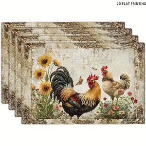 2D flat printing, 2-piece/4-piece 6-piece set, farmhouse rooster table mat, retro country chicken and daisy flower design, linen placemat, suitable for kitchen, indoor and outdoor dining, size 12x18 inches, machine washable