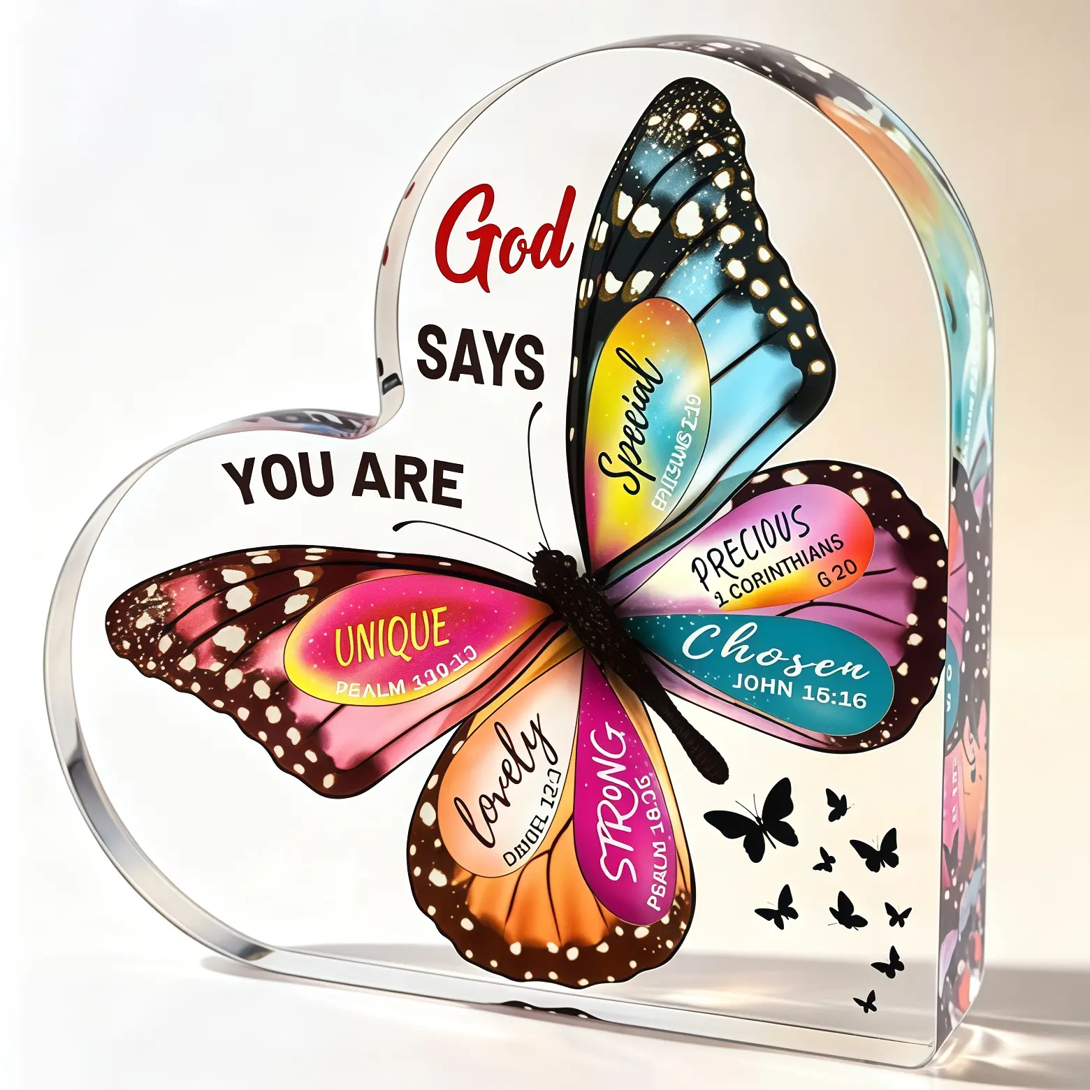Heart Shaped Butterfly Acrylic Table Sign, God Says You Are Unique Inspirational Bible Verse Plaque, Colorful Christian Faith Desktop Decor, Sweet Christmas Thanksgiving Gift for Religious Women Friends