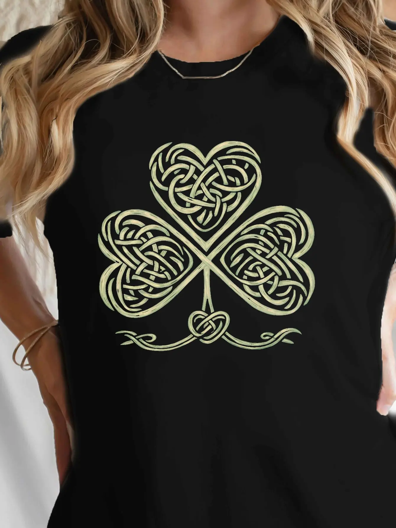 Shamrock Pattern with Celtic Knots Print T-shirt, Short Sleeve Crew Neck Casual Top for Summer & Spring, Women's Clothing