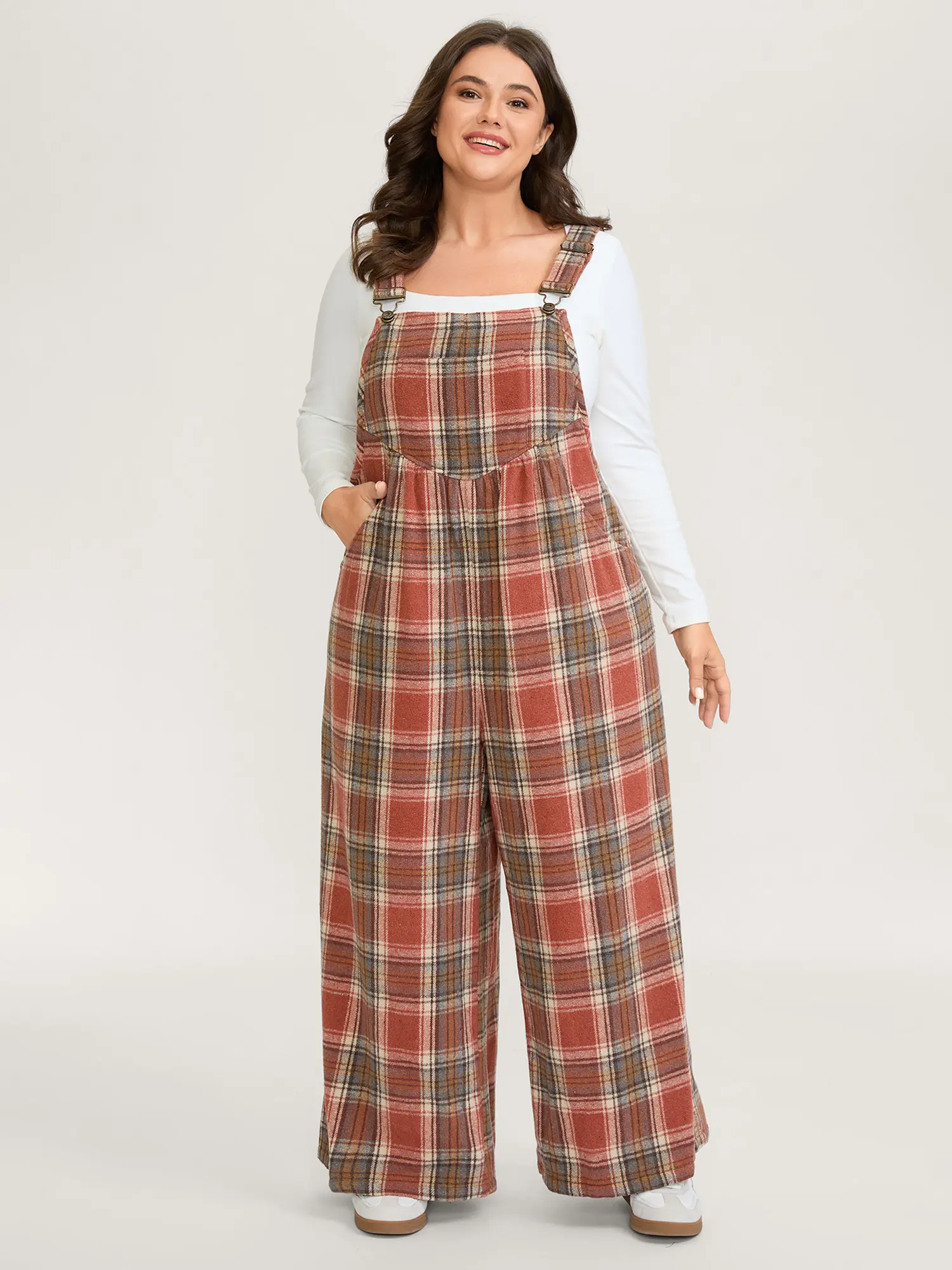BLOOMCHIC Plus Size Stylish Plaid Flannel Overalls - Smooth Fit Polyester Fabric Wide-Leg Jumpsuit with Sleeves,Pockets,,[M-6X] Fit Women Swimweek,Plus Size Overalls Fit Womenswear,Summerfinds