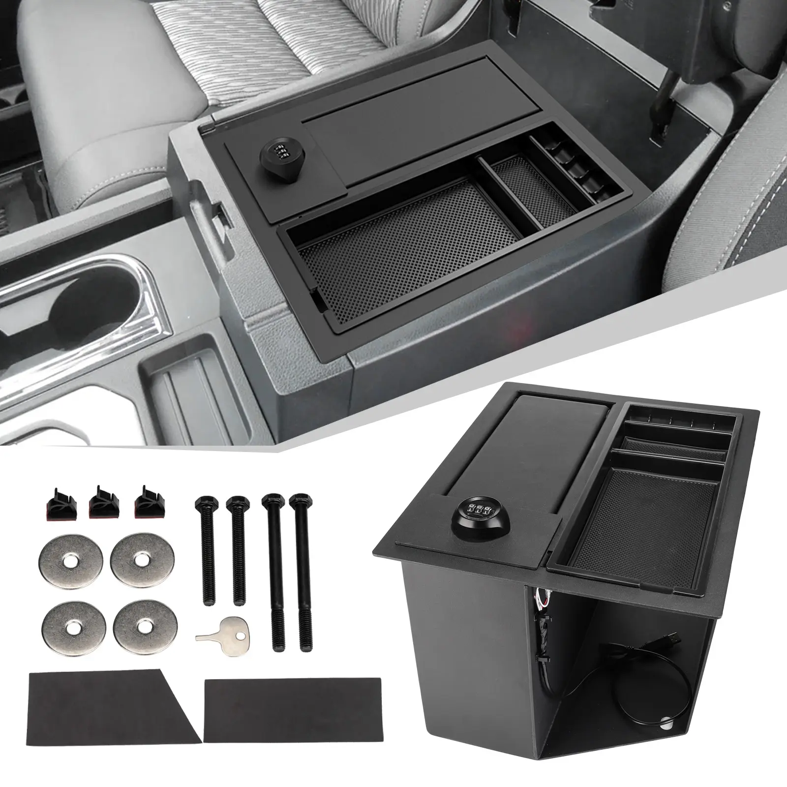 3MIRRORS Center Console Gun Safe Box for 2014-2021 Toyota Tundra, Interior Storage Accessory with Combo Lock, LED Light, Coin Tray Mat, Steel Body, New Articles of Base Metals (Including Iron, Copper, Etc.) and Their Fittings & Accessories