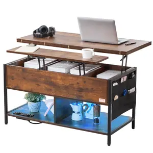VEVOR Lift Top Coffee Table,  39.4 in Rectangle Coffee Table with Extra Storage Pockets, Flipable Coffee Table with Power Strip & USB & Ambient Lighting for Living Room, Brown