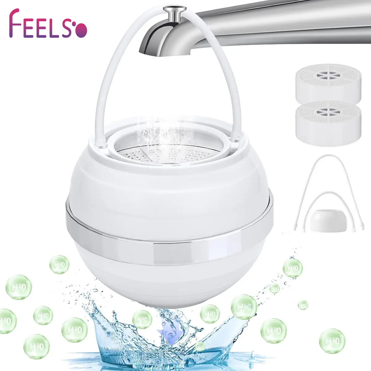FEELSO Bathroom Showerhead Filter for Tub, BPA-Free, 2 Replacement Filters Included, 2500-Gal Capacity, Removes Hundreds of Contaminants, Delivers Softer Smoother Skin