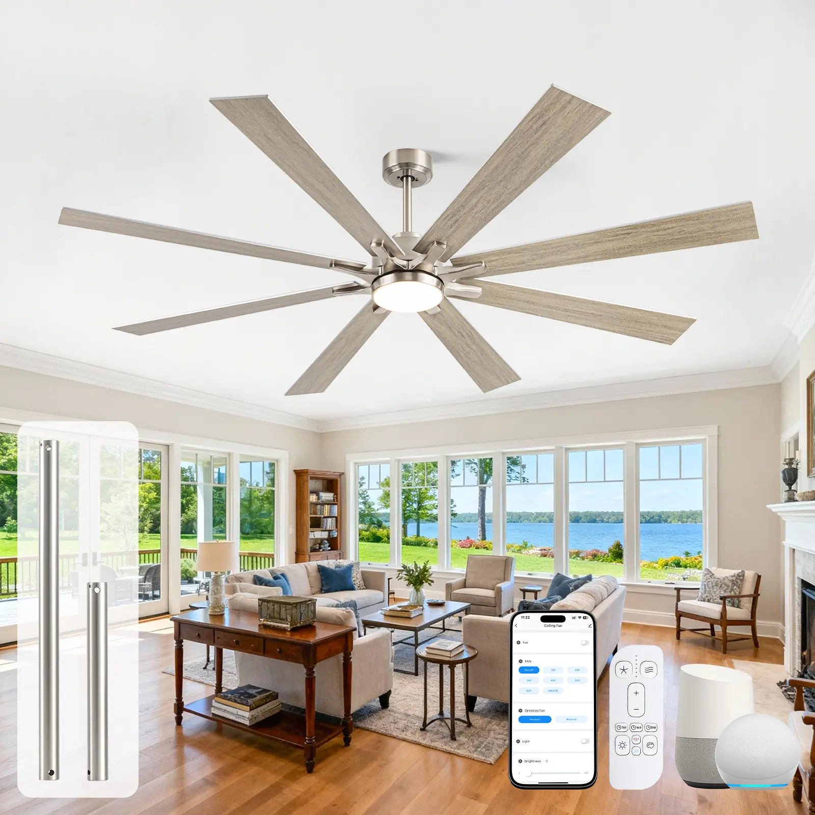 62/72in Large Smart Ceiling Fan with Lighting, 8-Blade DC Fan, Remote-App-Voice Control, High CFM, Noiseless, Reversible Flow, Timer Set & Forget, Remote Wall Holder for Patios, Porch