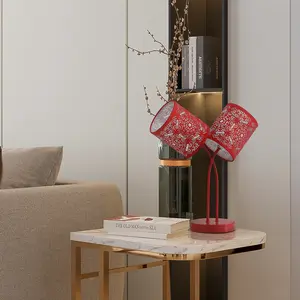 Table Lamp with Laser Hollow Paper Lampshade, Red 16" Bedside Lamp for Bedroom Living Room Home, Nightstand Lamp with Dual E12 Socket Light Base