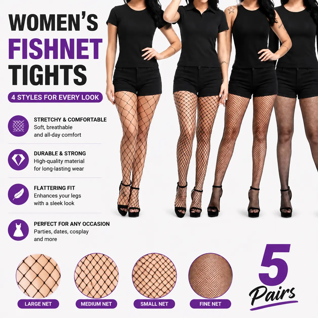 Women's Essential Gothic 5-Pair High-Waist Fishnet Thigh Highs, Breathable Polyester Fabric Tights Fit Womenswear