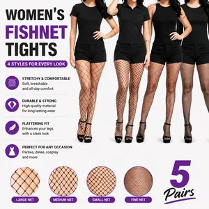 Women's Essential Gothic 5-Pair High-Waist Fishnet Thigh Highs, Breathable Polyester Fabric Tights
