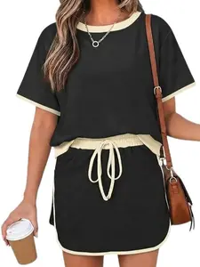 Lounge Sets for Women 2 Piece Skirt Colorblock Drop Shoulder T Shirt and Skort Set Summer Tracksuits 631178,summervibes,summerwins