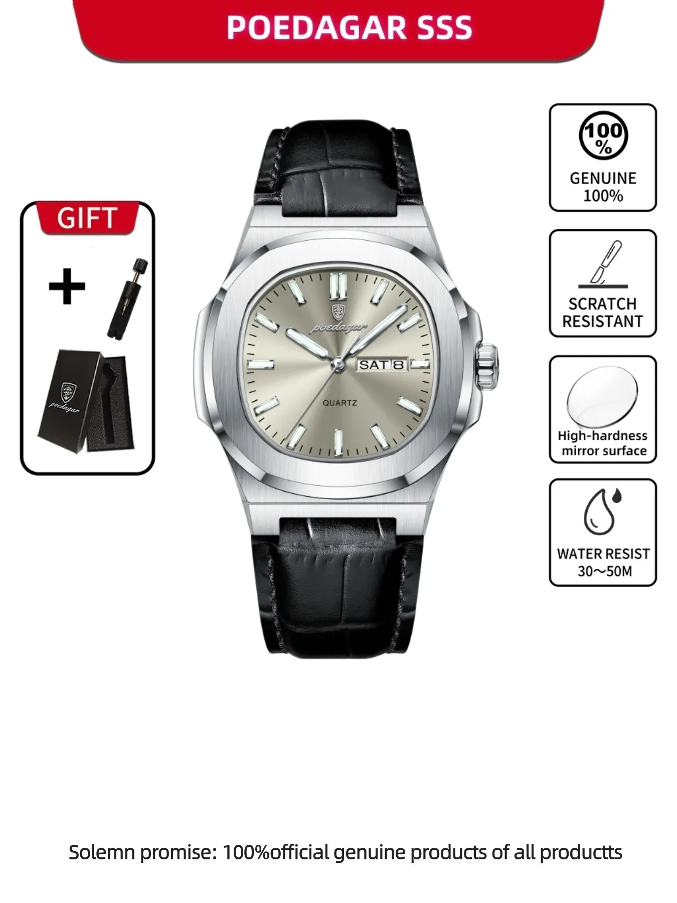 Poedagar casual and fashionable men's quartz watch Analog Watch waterproof date calendar men's leather watch PU belt quartz movement men's Casual Trendy Wristwatch versatile outdoor dating party gift Business Fashion Watches Quartz Wristwatches