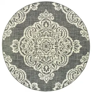 HomeRoots 507720 8 ft. Round Geometric Gray Polypropylene Durable, Stain-Resistant Indoor-Outdoor Oriental Area Rug