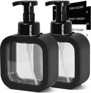 Foaming Soap Dispenser, 2 Pack 300ml (10oz) Plastic Refillable Foaming Hand Soap Dispenser with 16 count  Labels,  Pump Bottle for Bathroom and Kitchen (Black)