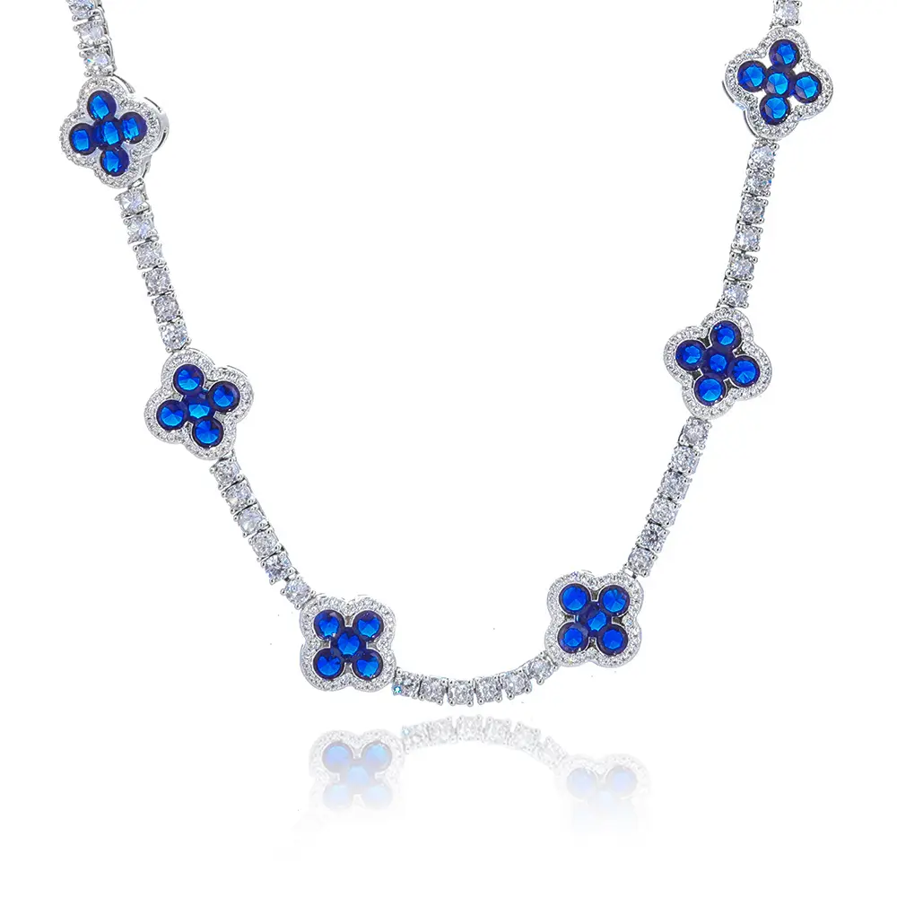 Loveden Elegant Hip-Hop Buckle Sapphire Blue Four-Leaf Clover Tennis Necklace For Women & Men Chain High Carbon Diamond Bracelet Charm Jewelry Accessories Birthday Christmas Valentine's Day gift