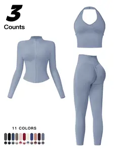 Women's Fall Winter Quick-Dry Three-piece Set, Sports Activewear Set, Sports Outfits, Supportive Racerback Sports Bra & High Waist Butt Lifting Long Pants & Stand Collar Zipper WarmWindproof Jacket for Yoga Gym Workout Running Sportswear