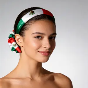 Fashion headbands for womer,Cute sports themed Socce Fan  Accessories multi-country International Flag hair accessories set 4pcs, Soft elastic Hair Combo with padded headband, 2pcs hair clips & knotted ribbon scrunchies,