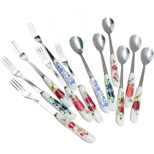 12Pcs Stainless Steel Cutlery Set, Floral Coffee Dessert Ice Cream Spoons and Forks with Ceramic Handles, Small Tableware for Tea Parties, Home Kitchen Use