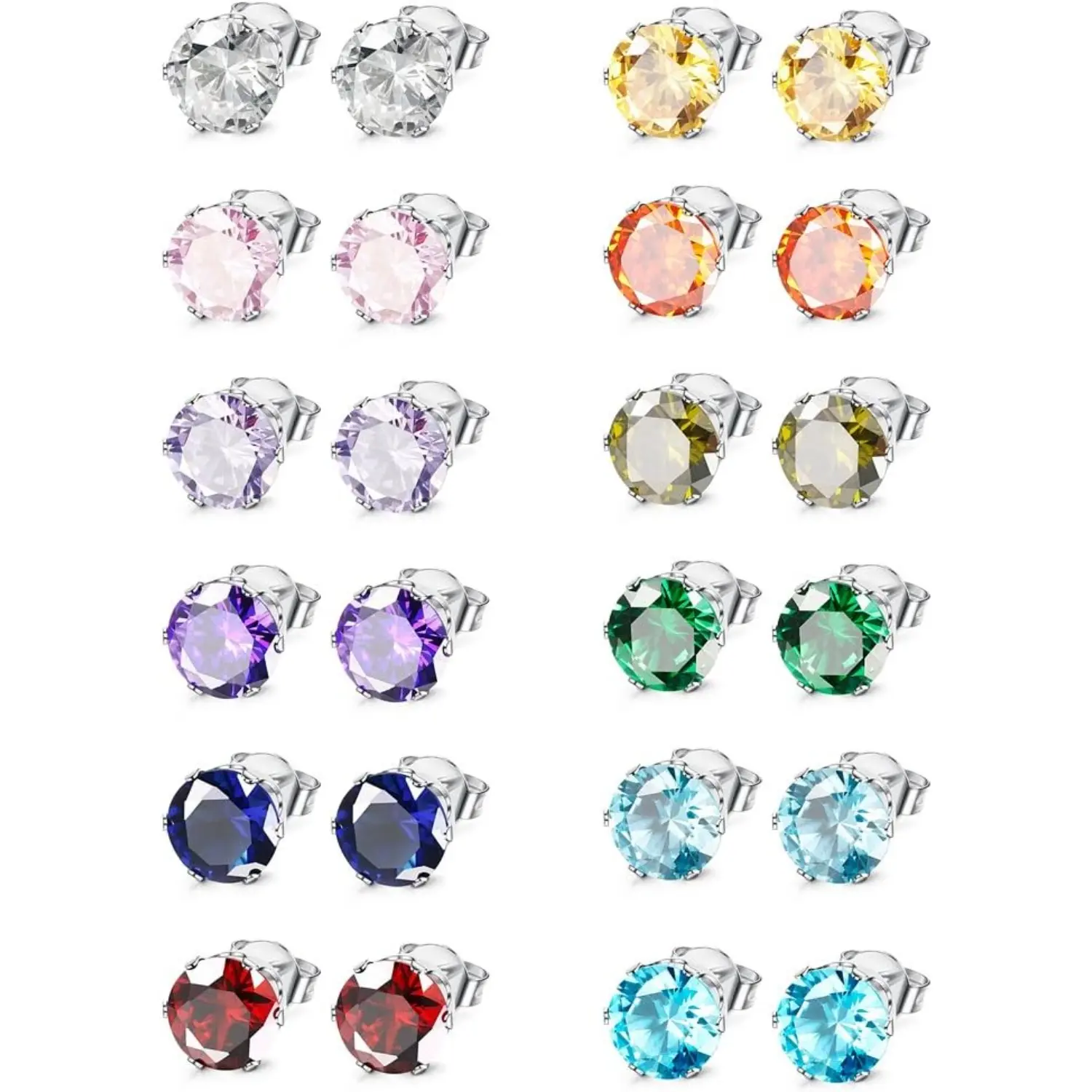 Milacolato Hypoallergenic Surgical Steel Studs - Women's Versatile Earrings Set with Colorful Cubic Zirconia Birthstones, Small Posts for Sensitive Ears, Small Earrings, Cubic Zirconia Earrings