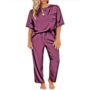 Two piece set of women's solid color satin pajamas and home clothes, short sleeved pants, loose and casual outdoor home clothes