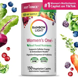 Rainbow Light Womens Multivitamin One + | 150 Caplets | Supports Cellular Energy & Antioxidant Health | Real Food Nutrients, Digestive Enzymes & Probiotics | with Vitamins C, D, and Zinc