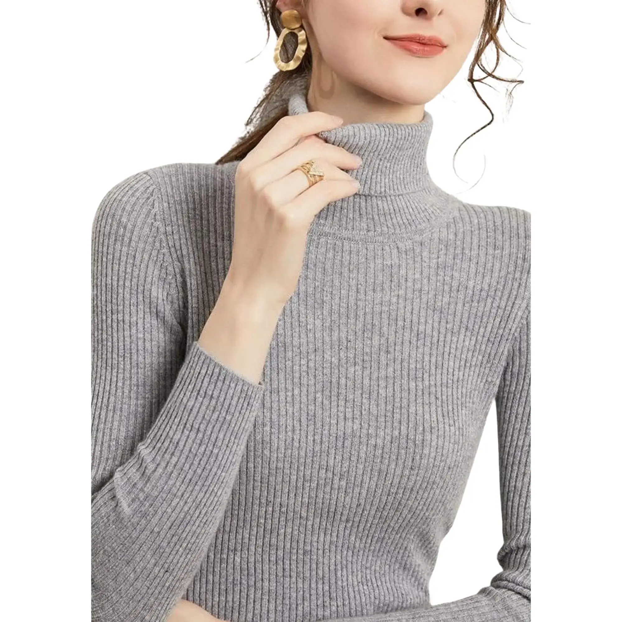 Gray Knitted and Fitted Turtleneck Sweater Knitwear Tops Womenswear lightweight sweater crop sweater