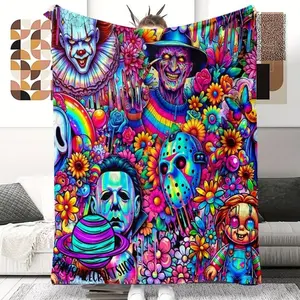Colorful Horror Movie Themed Polyester Blanket -Tear-Resistant, All-Season, Hand/Machine Washable, Embellished with Horror Characters, Ideal for Camping Halloween gift  Dream Weave Home