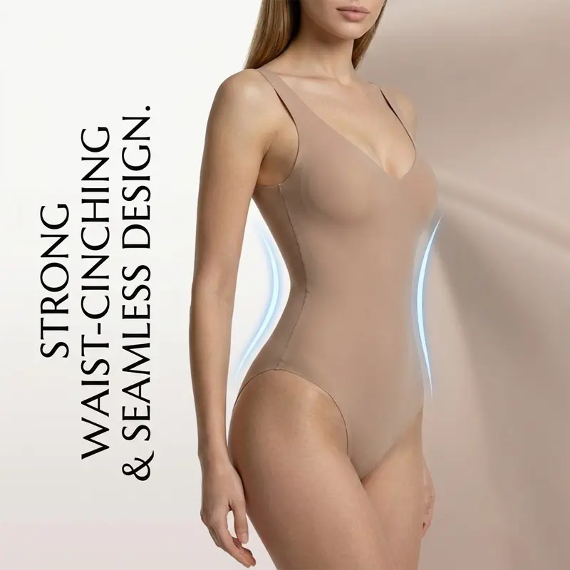 Women's Plunge Shapewear Bodysuit, Seamless Deep V-Neck Thong Body Shaper with Elastic Fabric for an Invisible Fit & Snug Support, Compression, Snap Buttons, Nylon+Spandex, Seamless Cut, Shapewear For Women, Lady, Basic, Fitted Shaping, Clothes, Sexy, Ela