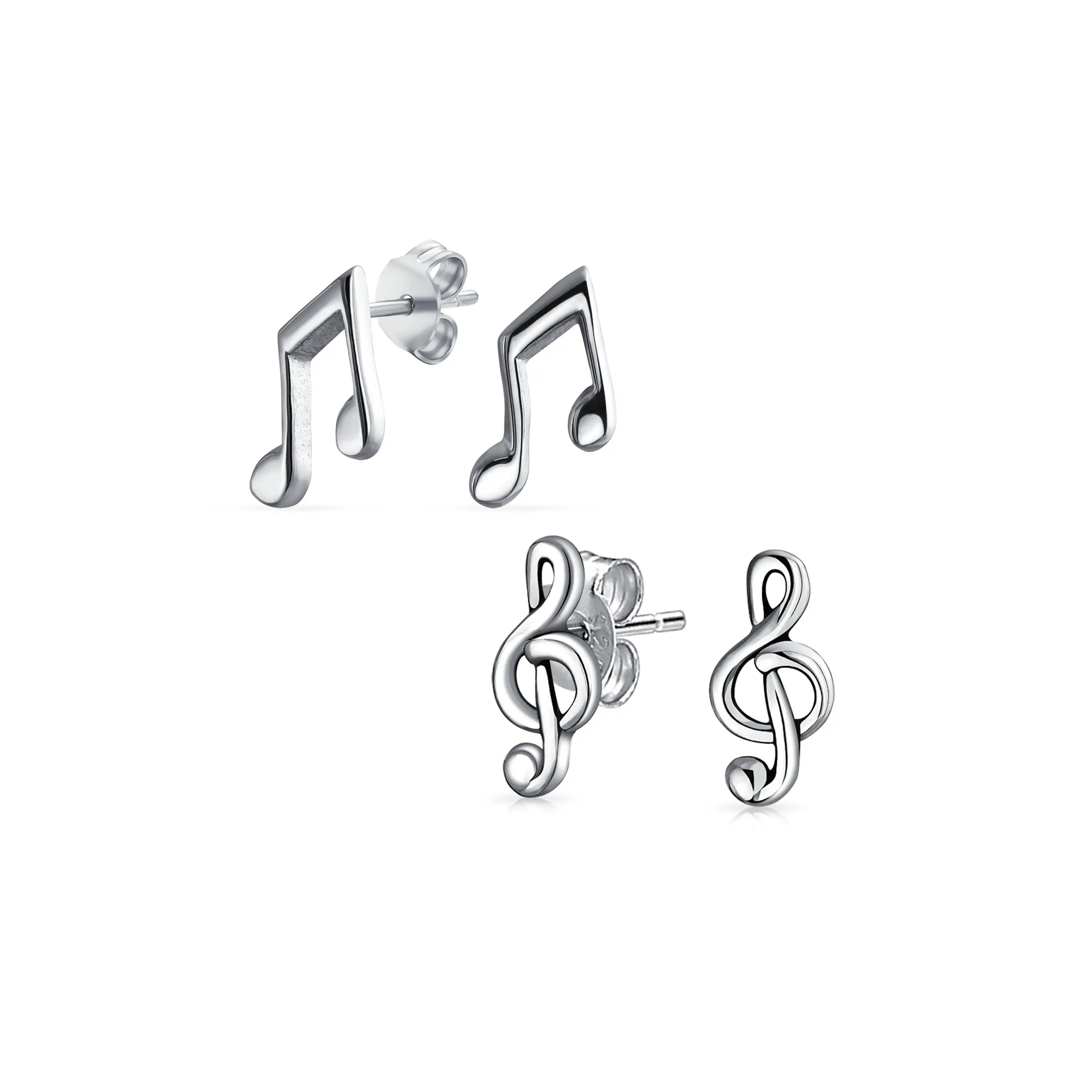 Tiny Treble Clef & Eight Music Note Stud Earrings Sterling Silver (2 Set)