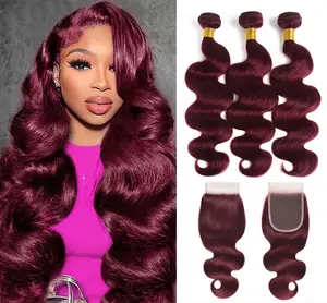 【Gefily】14A Colored Burgundy 99J Body Wave Human Hair Bundles With 4x4 Closure Extensions 3 4 Pcs Raw Hair 100% Human Hair Weave Extensions