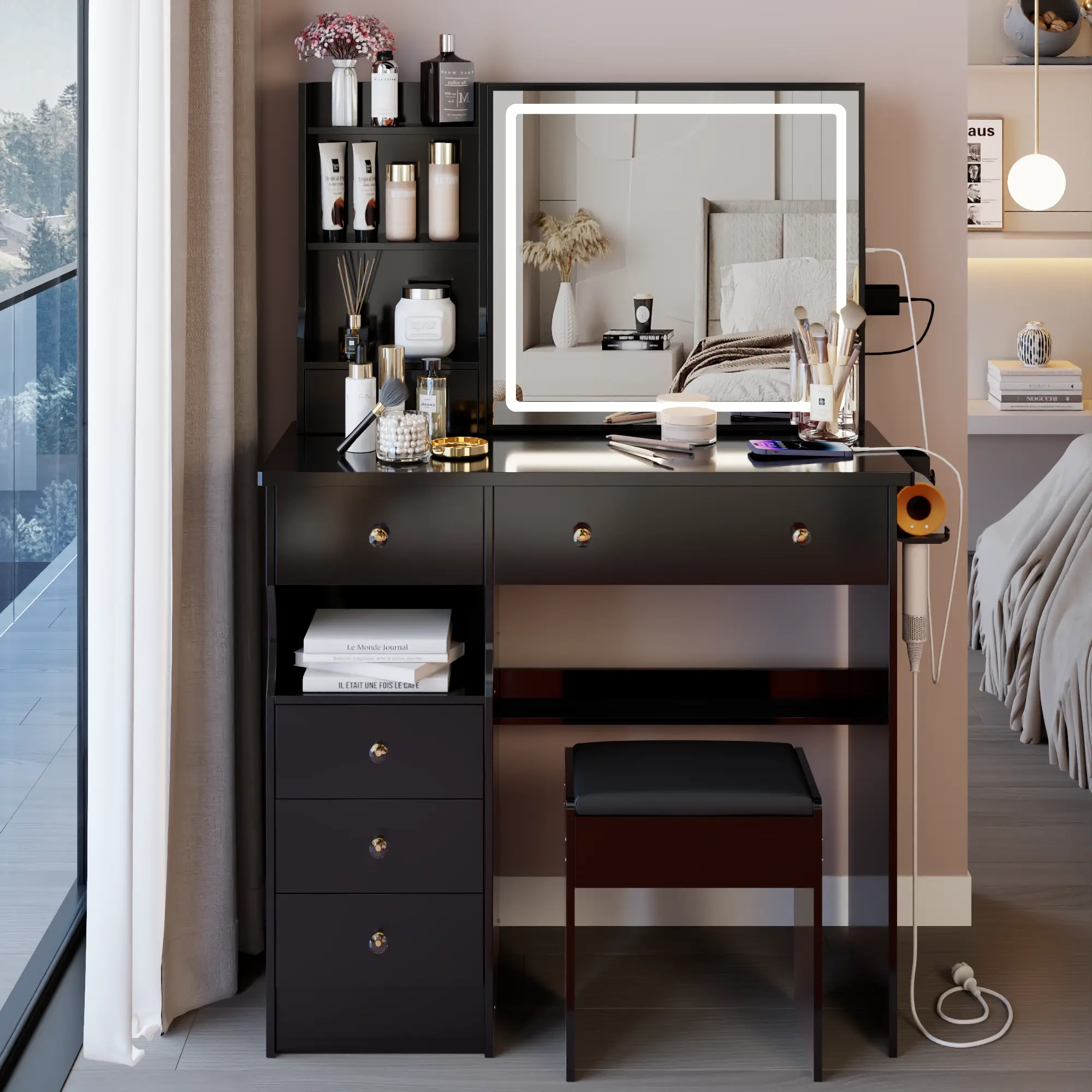 37" Sliding Mirror Backlit Vanity Desk with Touch-Control LED, 2AC+2USB Outlets, Hair Dryer Stand & Stool - Compact Makeup Table with Drawers for Small Bedrooms, Vanity Organization, Beauty Storage Solutions Dresser