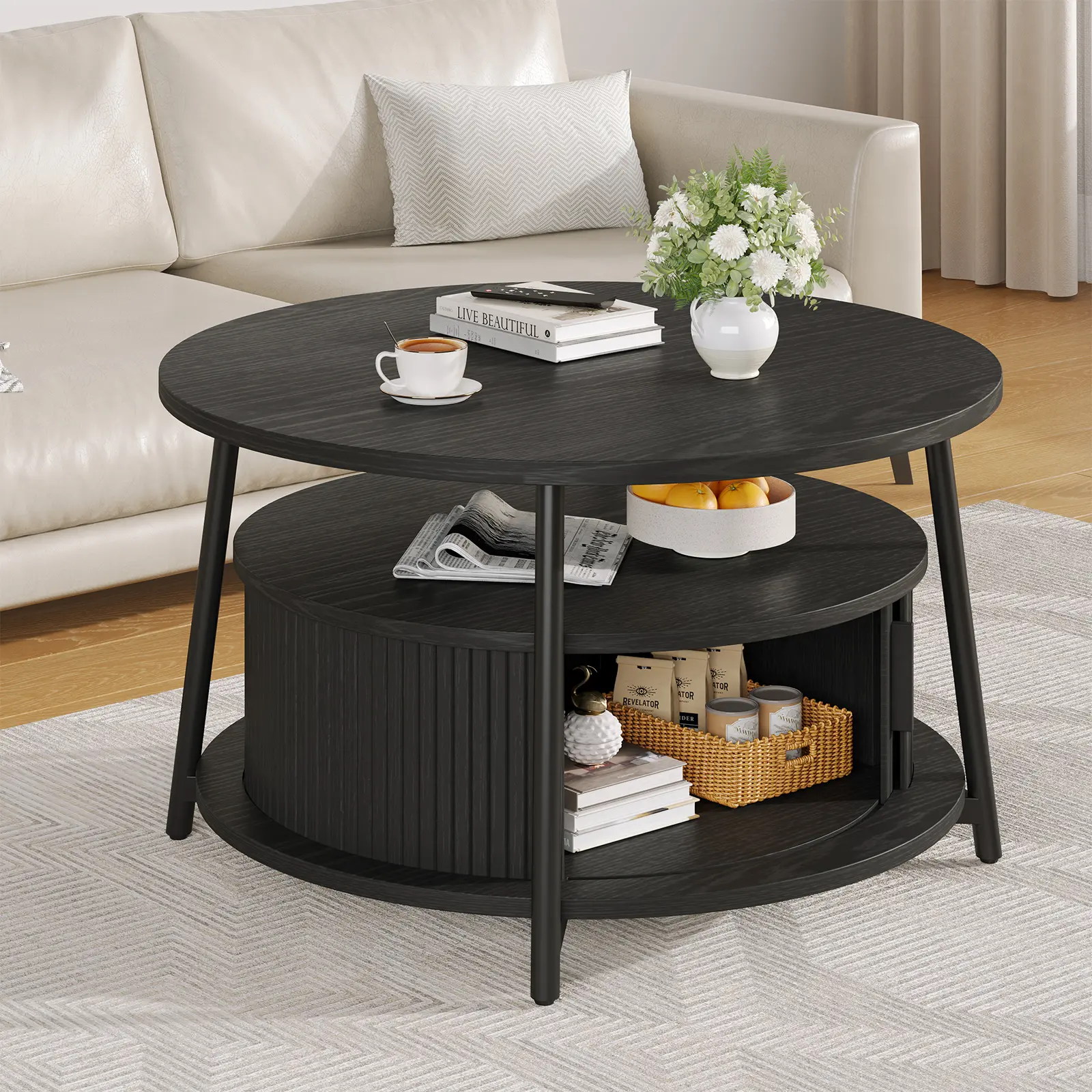 【SummerFinds】ONBRILL 31.5 Inch Round Coffee Table with Storage, Fluted Coffee Tables with 2 Tiers, Mid-Century Modern Center Table with 2 Sliding Doors and Adjustable Footpad for Living Room