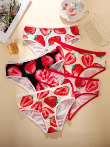 Women's Strawberry Print Cute Underwear Set, Comfortable Skin-Friendly Fitness Sports Panties, Smooth Fitted Triangle Briefs, 5 Pieces