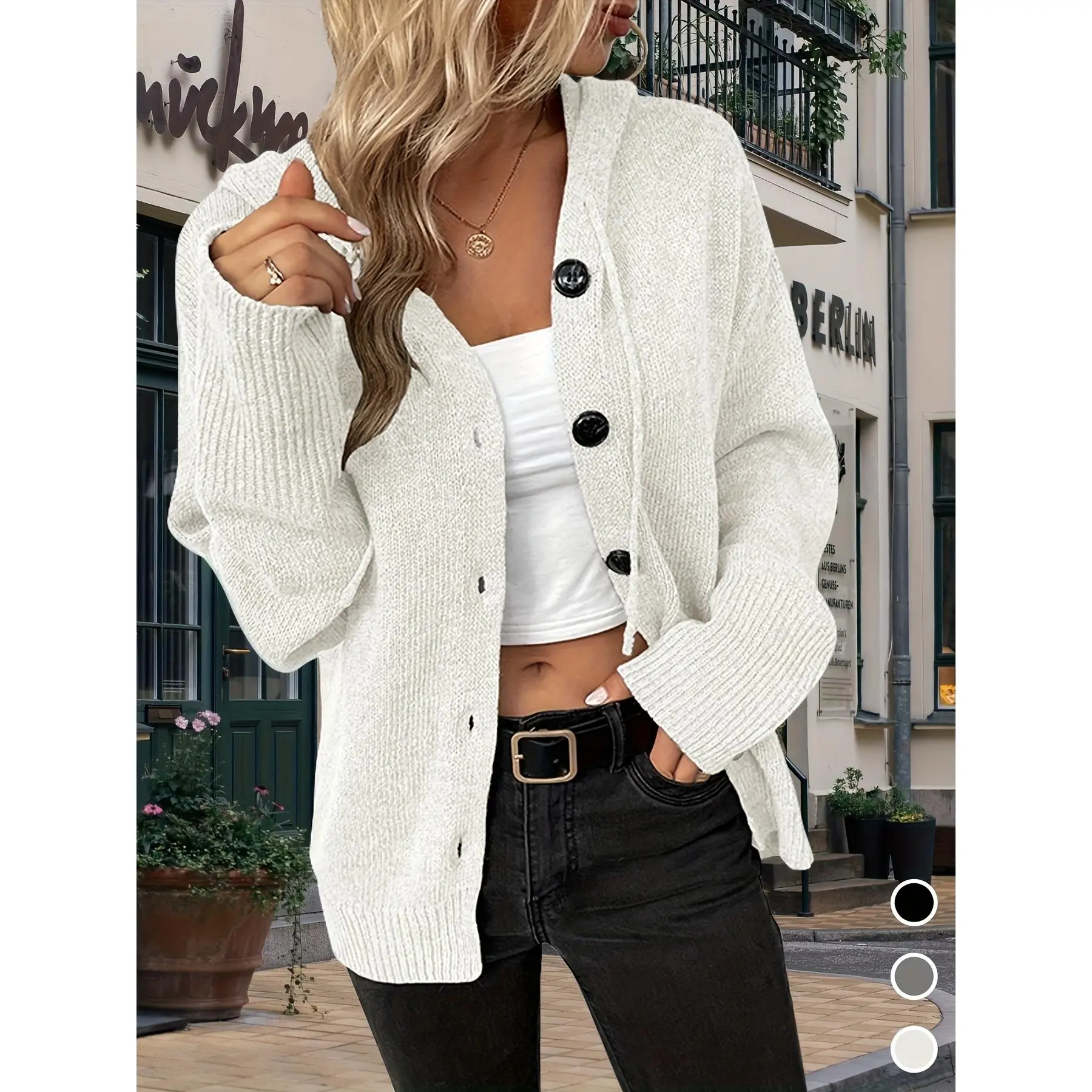 Women's Hooded Polyester Blend Knitwear Cardigan - Long Sleeves, Casual Loose-Fitting, Solid Color, Button Closure, Medium Length, Lightweight, Single-Breasted, Drawstring, Autumn Winter Clothes, S-XL, Black/Grey/White campingessentials