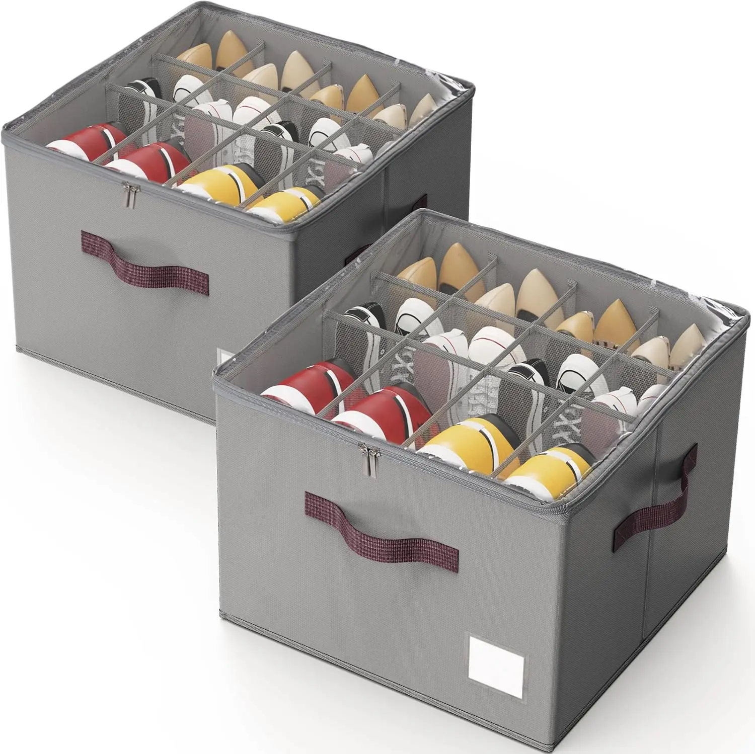 StorageWorks Shoe Organizer for Closet, Shoe Storage Cubby Containers with Adjustable Dividers and Clear Cover, Fits up to 16 Pairs, Foldable Shoe Storage Box for Closet, Entryway, Beige