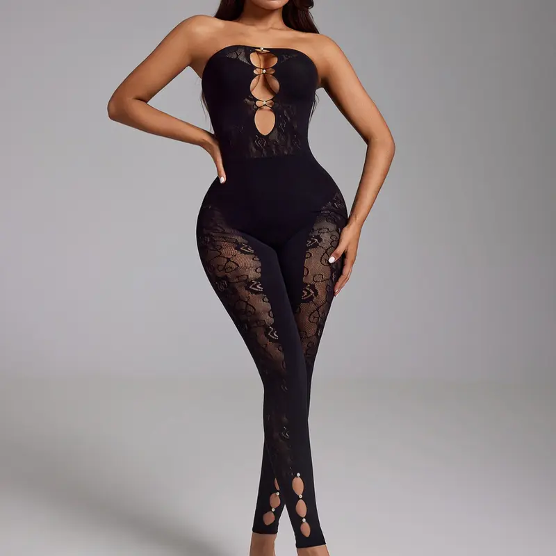 Sexy Chic Elegance Aesthetics Lace Patchwork Strapless Jumpsuit for Women, Sleeveless High Waist Bodycon Fit One-Piece Outfit, Cutout Details, Clubwear & Party Look